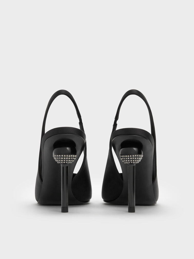 Satin Crystal-Embellished Ball-Heel Pointed-Toe Slingback Pumps, Black Textured, hi-res
