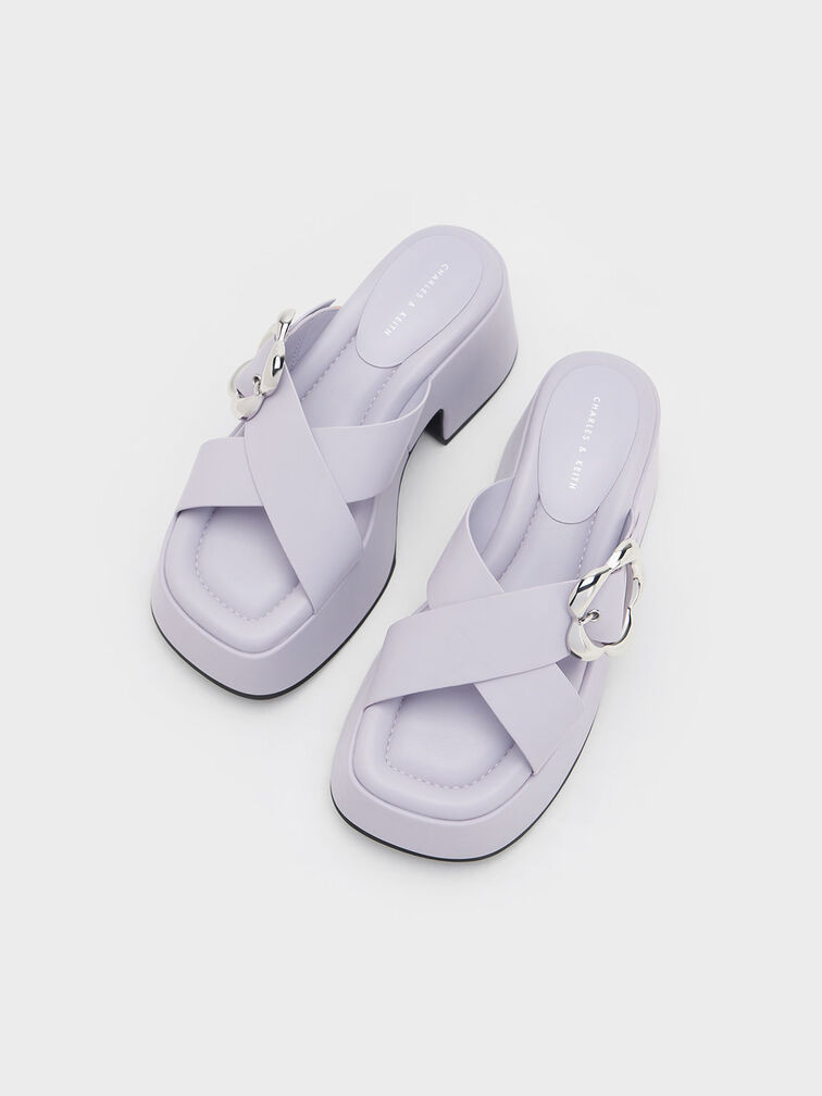 Flower-Buckle Crossover Platform Mules, , hi-res