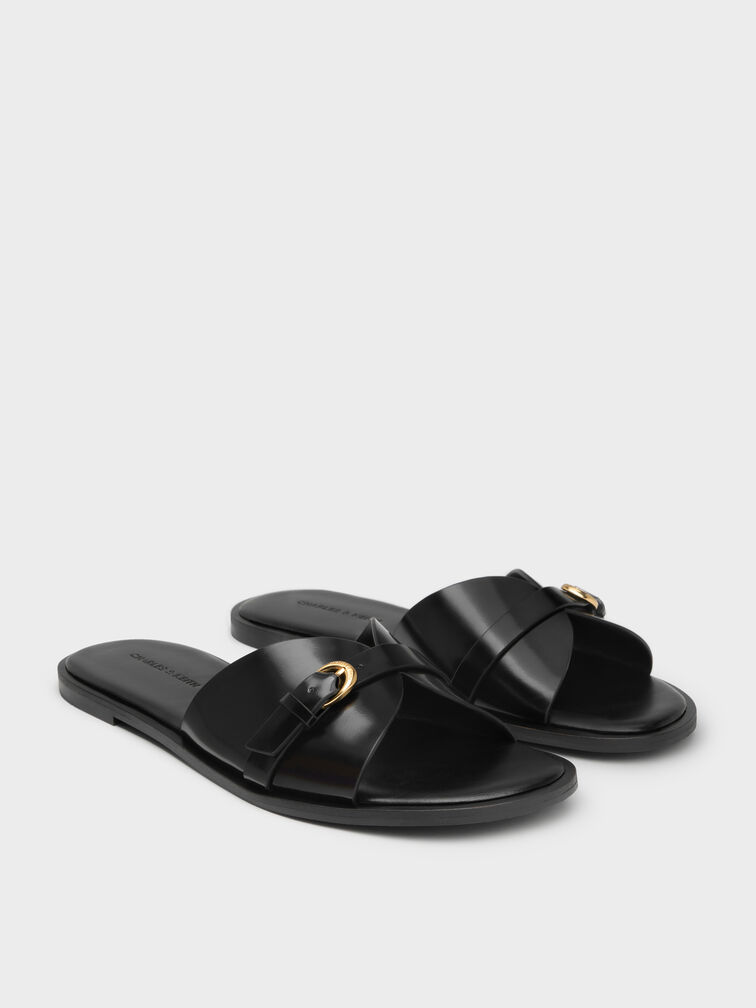 Buckled-Strap Slide Sandals, Black Boxed, hi-res