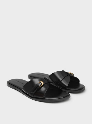 Buckled-Strap Slide Sandals, Black Boxed, hi-res