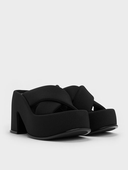 Toni Puffy-Strap Crossover Platform Mules, Black Textured, hi-res