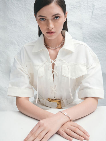 กำไลข้อมือตกแต่งลายดอกไม้ประดับคริสตัลรุ่น Felicity, สีเงิน, hi-res