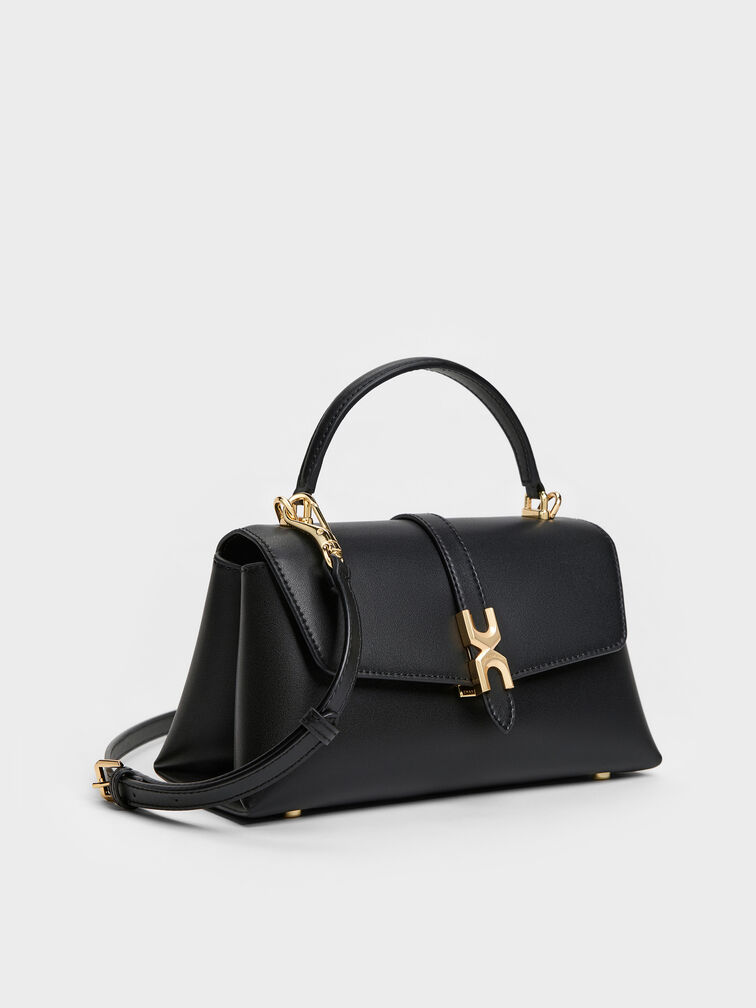 กระเป๋าถือดีไซน์สายโซ่ตกแต่งหัวเข็มขัดเมทัลลิครุ่น Adalyn, สีดำ, hi-res