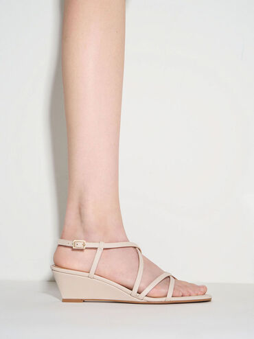 Patent Strappy Wedge Sandals, Cream, hi-res