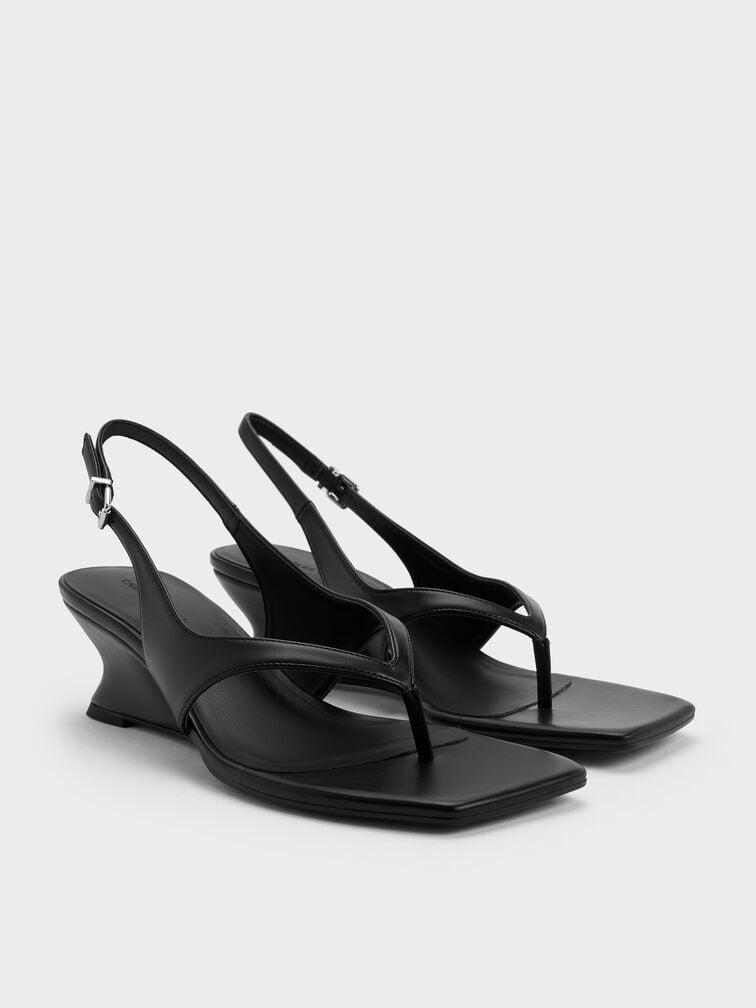 Slingback Thong Wedges, Black, hi-res