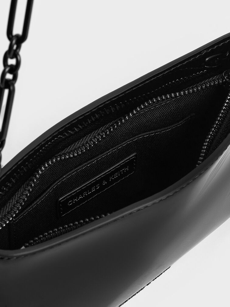 Patent Chain-Handle Shoulder Bag, Jet Black, hi-res