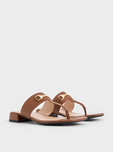 Leslie T-Bar Metallic Accent Thong Sandals, Cognac, hi-res