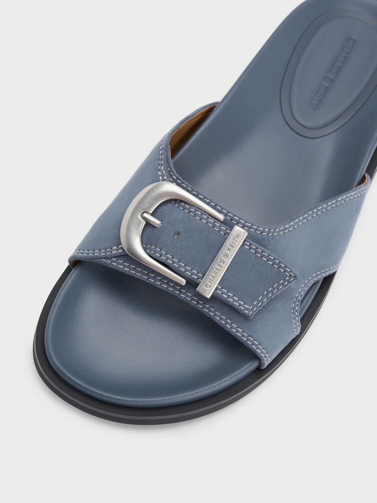 Faux Suede Stitch-Trim Buckled Slides, Blue, hi-res