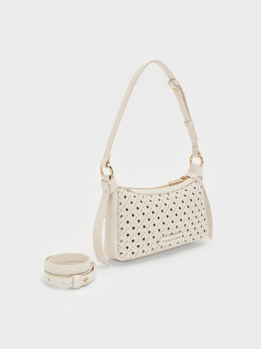 กระเป๋าสะพายไหล่ดีเทลงานสานขนาดมินิรุ่น Calla, สีครีม, hi-res