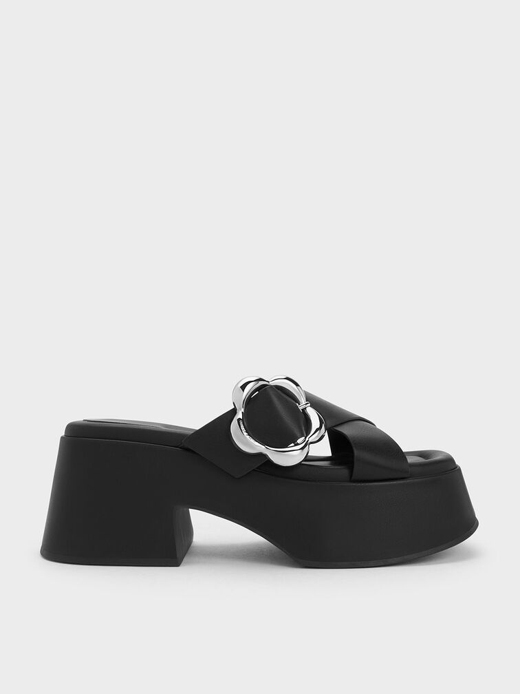 Flower-Buckle Crossover Platform Mules, , hi-res