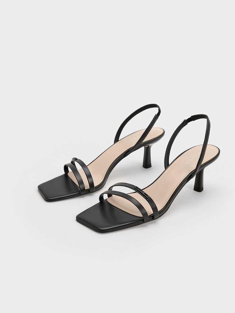 Double Strap Slingback Heeled Sandals, สีดำ, hi-res