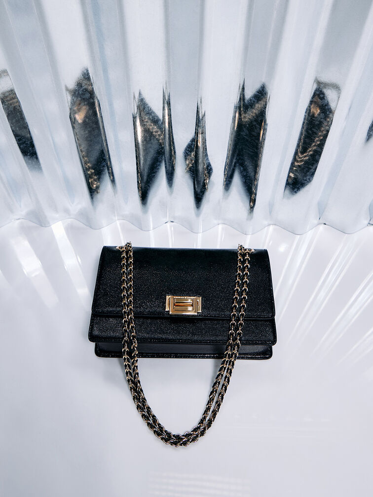 Everline Glittered Braided-Strap Shoulder Bag, Black, hi-res