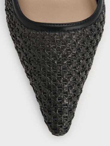 Raffia Sculptural-Heel Pointed Mules, Black Textured, hi-res