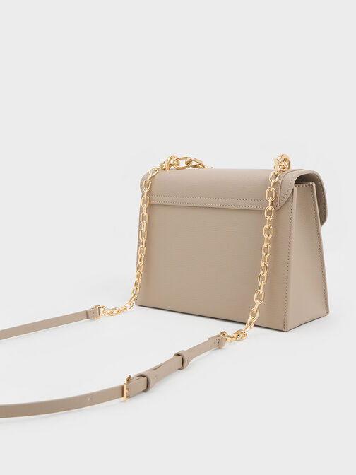 Front Flap Chain Handle Crossbody Bag, Taupe, hi-res