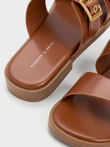 Buckled Double Strap Slide Sandals, สีคอนยัค, hi-res