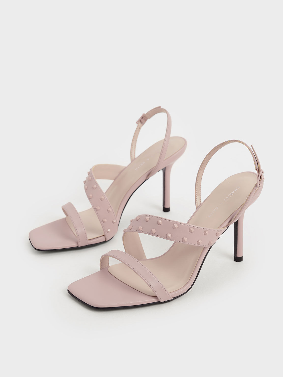 Studded Asymmetric Strap Stiletto Sandals, Light Pink, hi-res