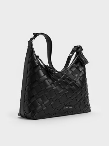 กระเป๋าโฮโบดีเทลงานสานประดับพู่รุ่น Ivette, สีดำอะไหล่สีเงิน, hi-res