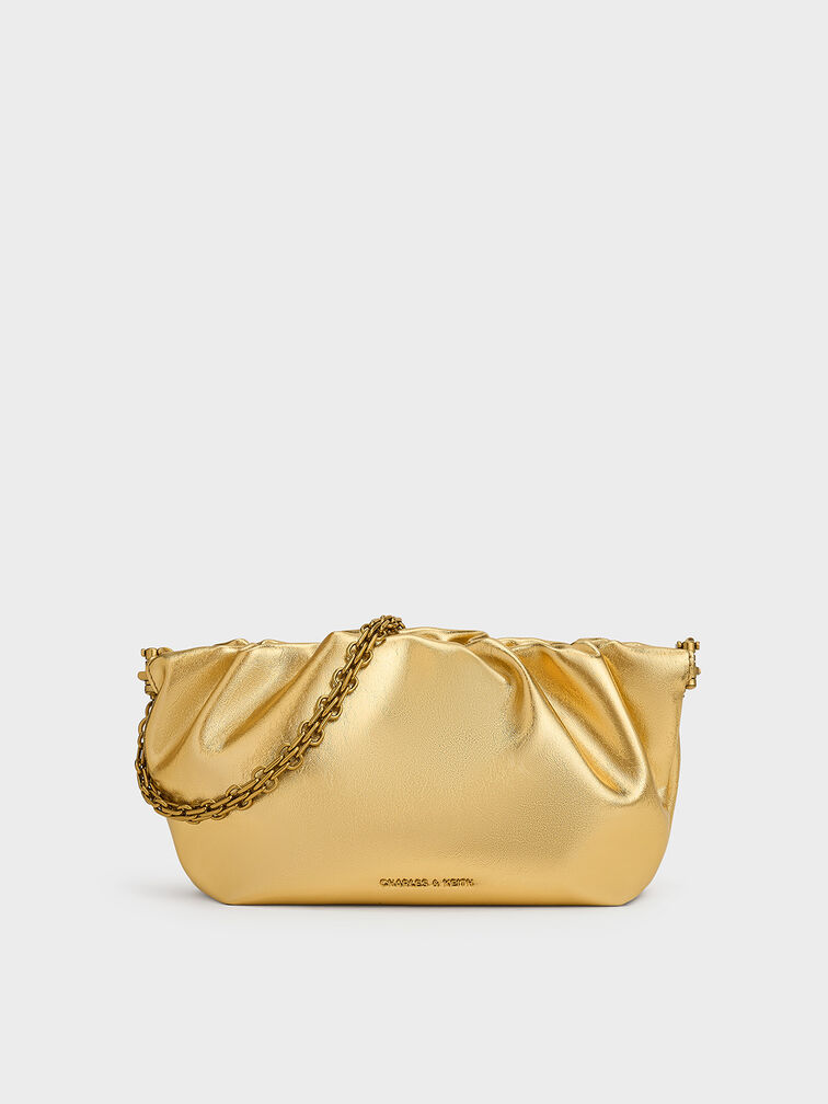 Brigette Metallic Ruched Chain-Handle Clutch, Gold, hi-res