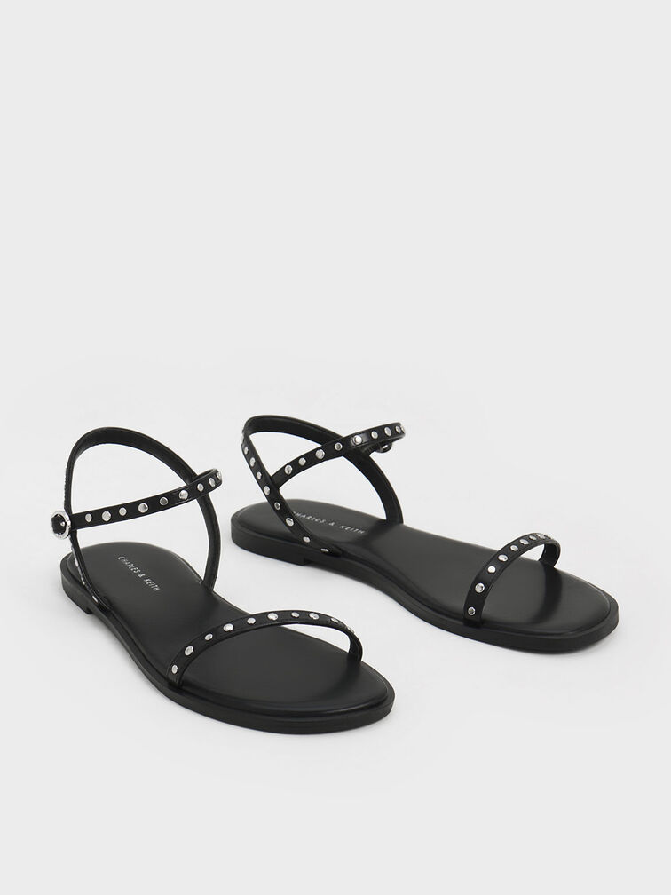Studded Open-Toe Sandals, Black, hi-res