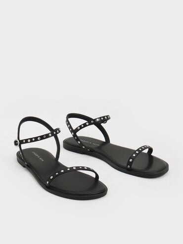 Studded Open-Toe Sandals, Black, hi-res