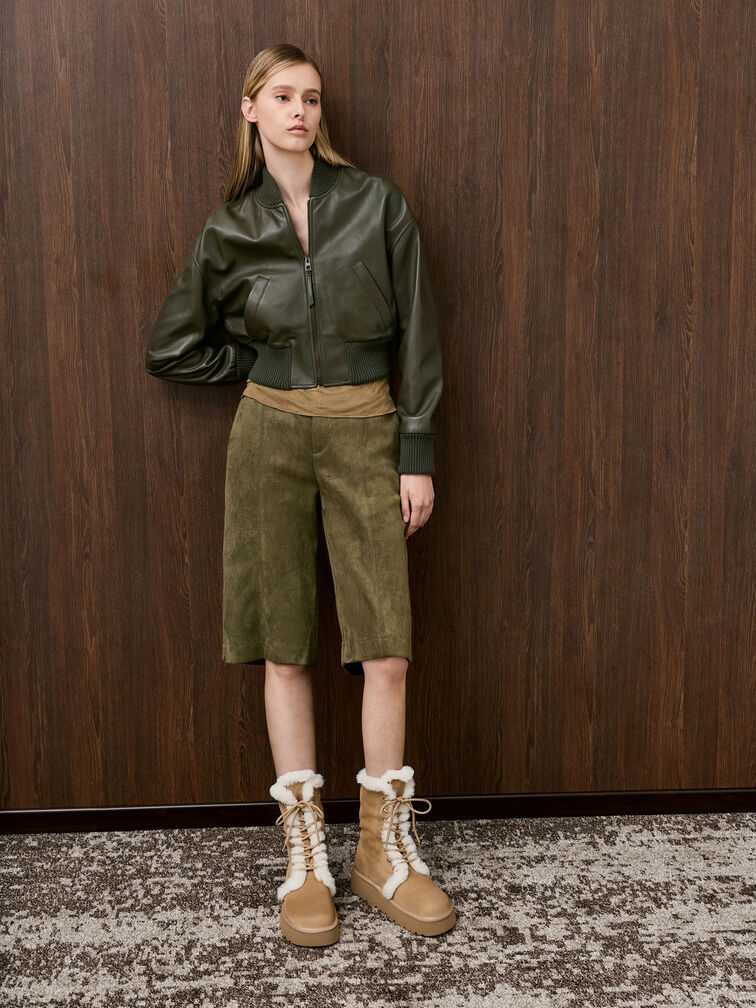 Faux Suede & Faux Fur Foldover Flatform Boots, Sand, hi-res