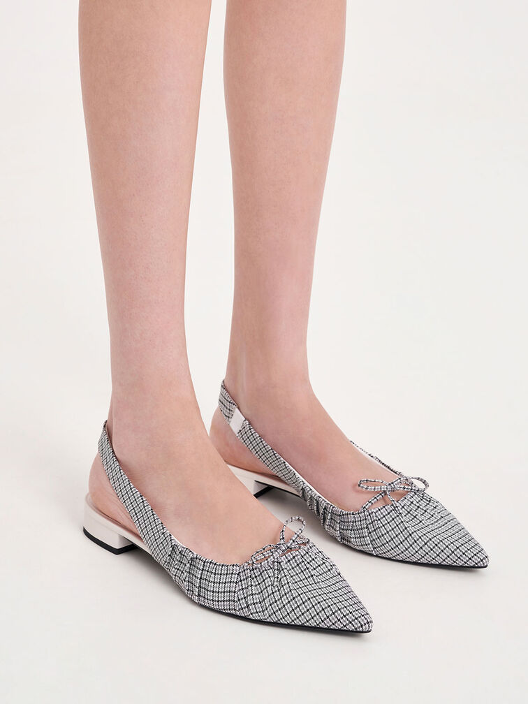 Checkered Bow Ruched Slingback Flats, , hi-res