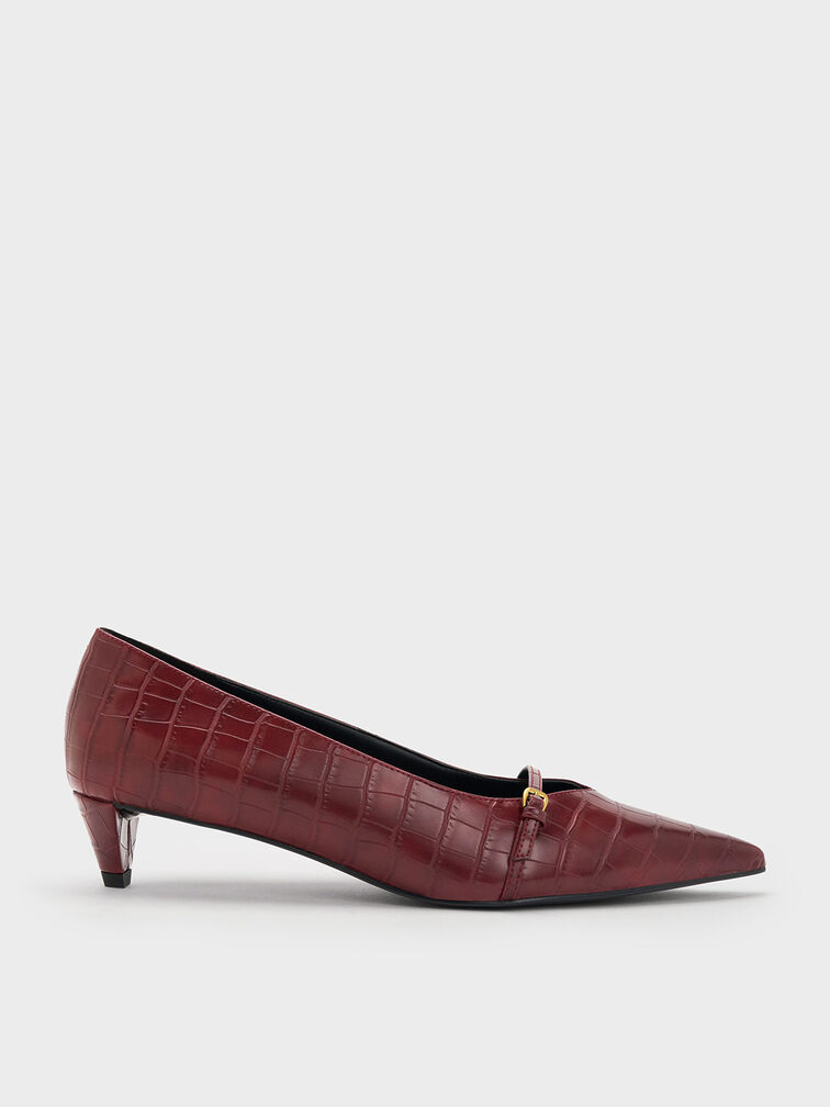 Croc-Effect Buckled Pointed-Toe Kitten-Heel Pumps, Animal Print Red, hi-res