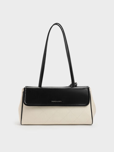 Apfra Two-Tone Quilted Elongated Shoulder Bag, Multi Cream, hi-res