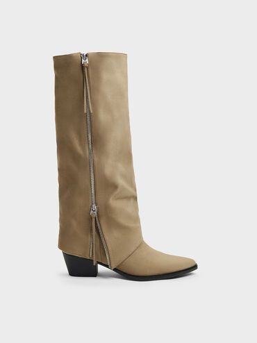 Aether Faux Suede Tassel-Zip Knee-High Boots, Khaki, hi-res
