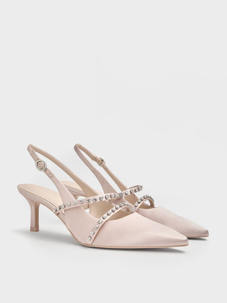 Satin Crystal-Embellished Slingback Mary Jane Pumps, Pink, hi-res