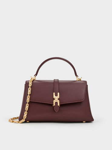 กระเป๋าถือดีไซน์สายโซ่ตกแต่งหัวเข็มขัดเมทัลลิครุ่น Adalyn, สีไวน์เบอร์รี่เรด, hi-res