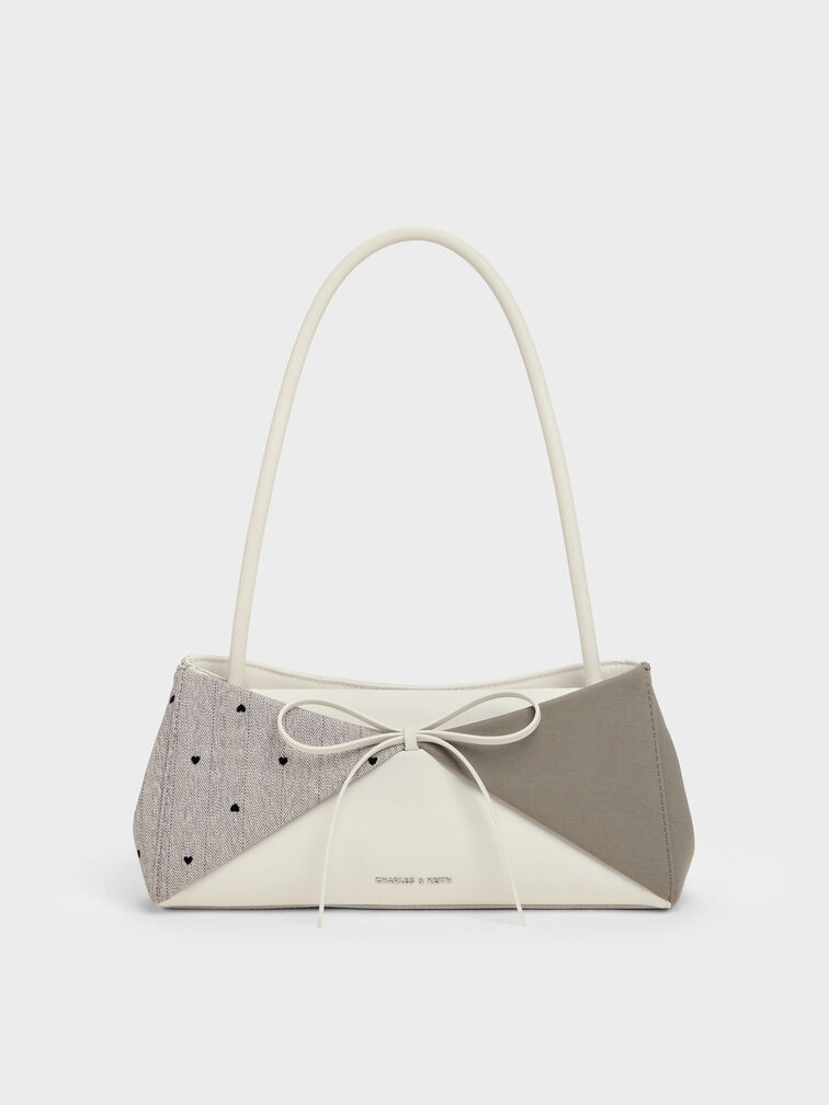 Hazel Heart-Print Bow Panelled Shoulder Bag, Taupe, hi-res