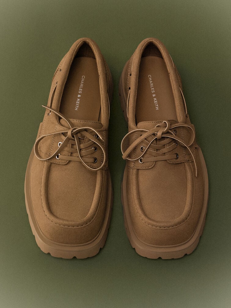 รองเท้าโบ๊ทชูส์พื้นหยักแบบผูกเชือก, สีแซนด์, hi-res