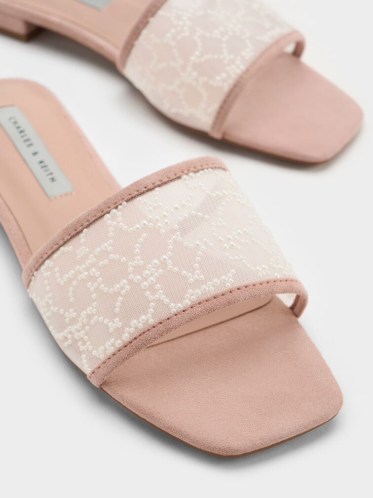 Bead-Embellished Mesh Flat Sandals, , hi-res