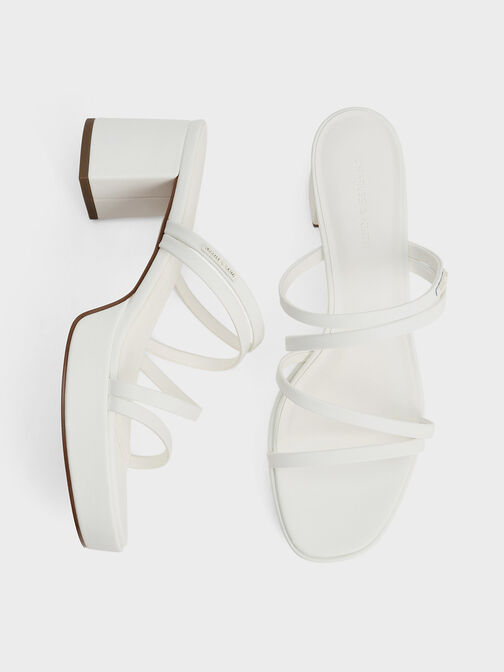 Strappy Trapeze-Heel Mules, White, hi-res