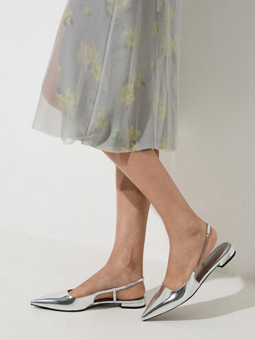 Metallic Chain-Strap Pointed-Toe Slingback Flats, Silver, hi-res