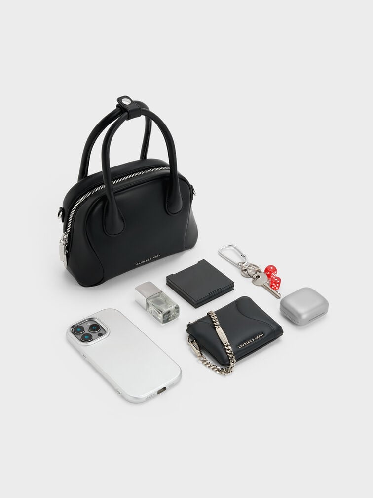 กระเป๋าทรงโบว์ลิ่งรุ่น Nelly, สีดำอะไหล่สีเงิน, hi-res