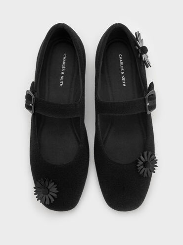 Polly Textured Mary Janes With Floral Charms, Black Textured, hi-res