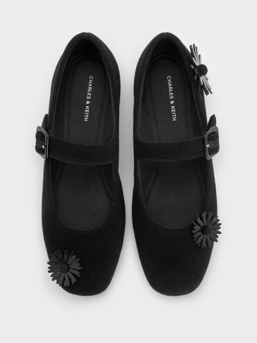 Polly Textured Mary Janes With Floral Charms, Black Textured, hi-res