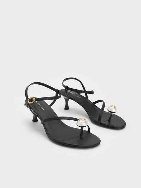 Pearl Embellished Strappy Sandals, สีดำ, hi-res