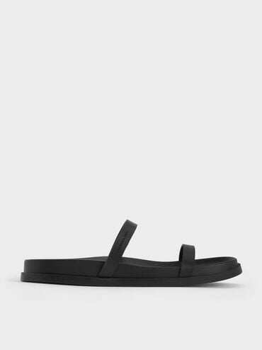 Double-Strap Slide Sandals, Black, hi-res