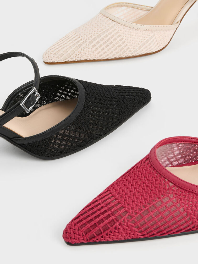 Mesh Woven Heeled Mules, Black Textured, hi-res