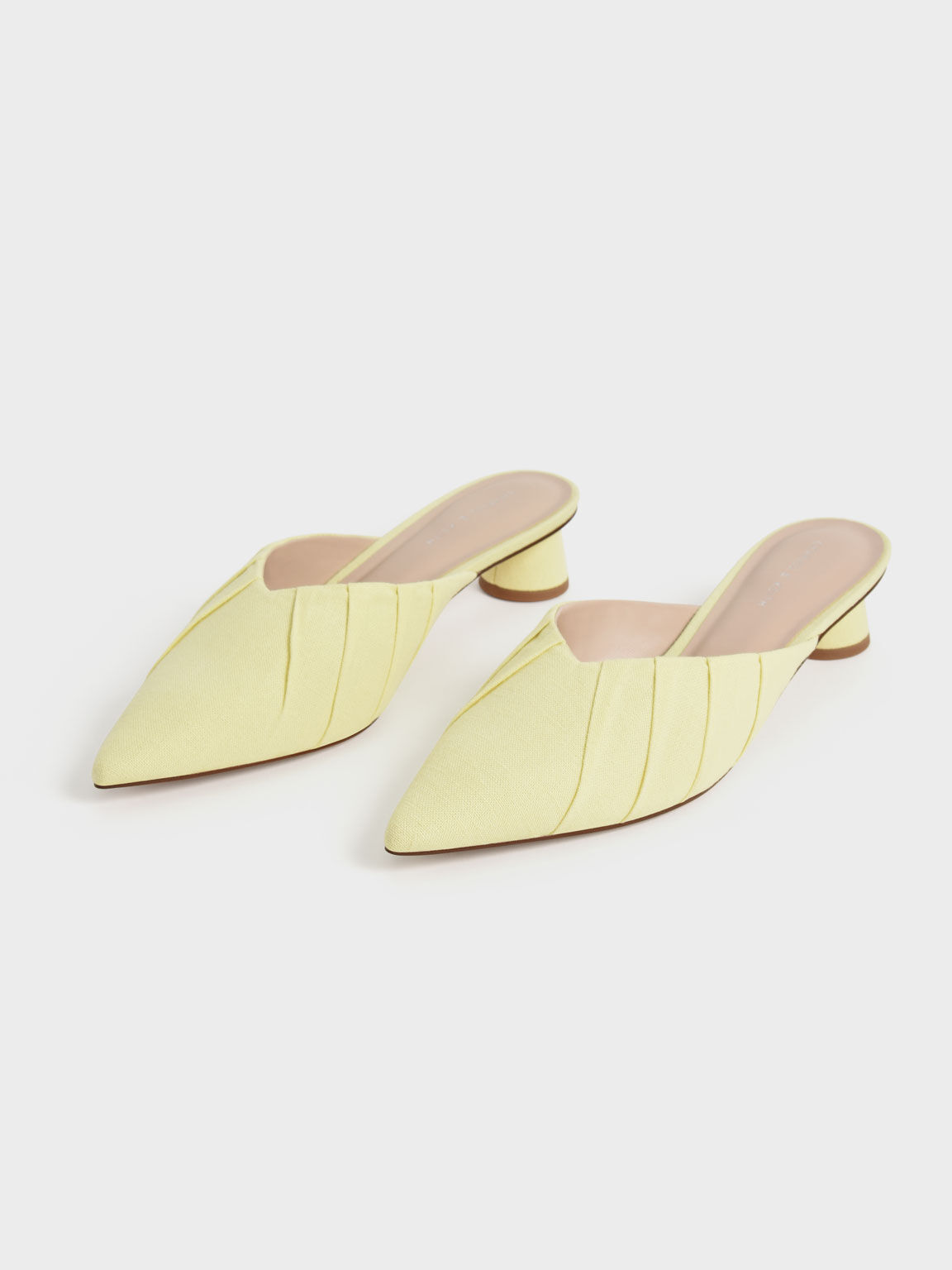 Linen Ruched Cylindrical Heel Mules, Yellow, hi-res