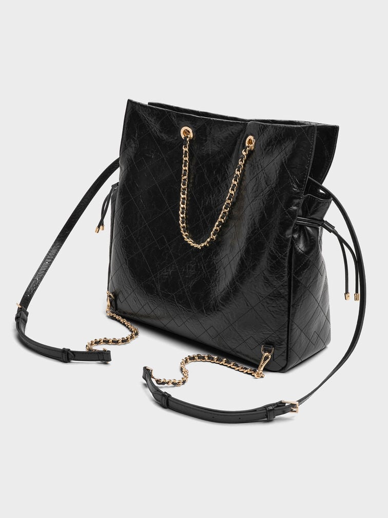 กระเป๋าเป้สองฟังก์ชันที่ปิดแบบเชือกรูดดีไซน์ลายควิลท์พร้อมสายโซ่ถักรุ่น Duo, สีดำ, hi-res