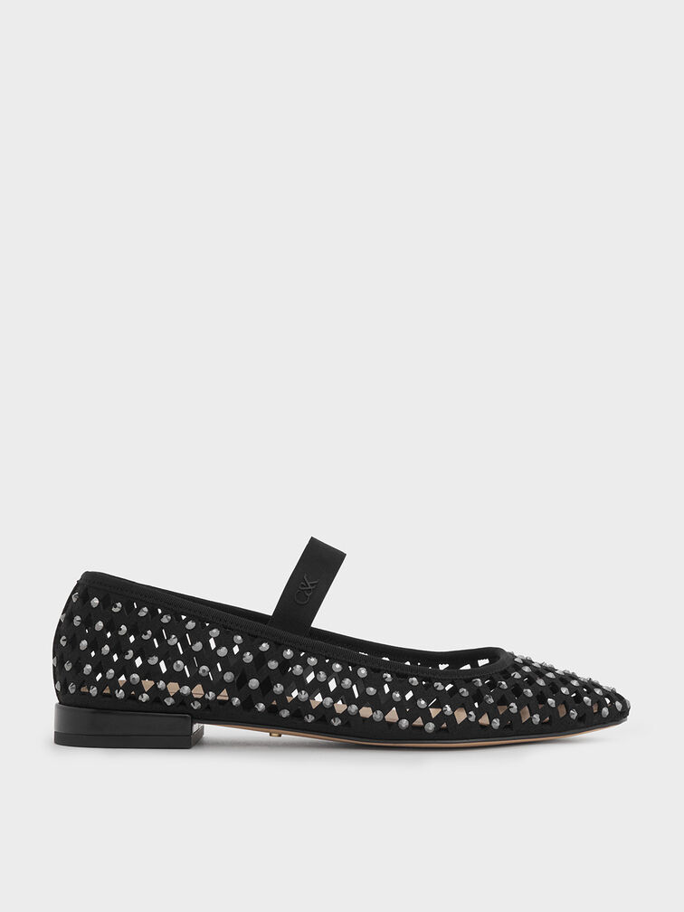 Studded Cut-Out Mary Jane Flats, Black, hi-res