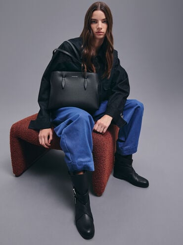 กระเป๋าโท้ทดีไซน์หูจับแบบยาวรุ่น Allyn, สีดำอะไหล่สีเงิน, hi-res