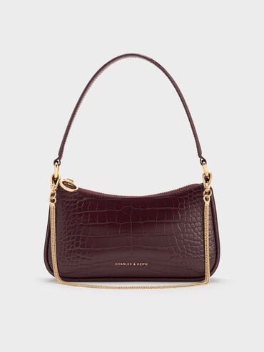 Elspeth Croc-Effect Chain-Link Shoulder Bag, Maroon Red Croco, hi-res