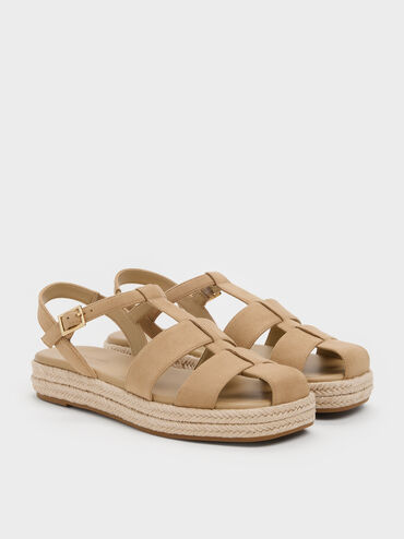 Faux Suede Caged Flatform Espadrille Sandals, Sand, hi-res