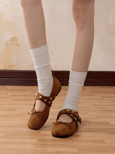 Gael Faux Suede Studded Crossover-Strap Bow Mary Janes, Brown, hi-res