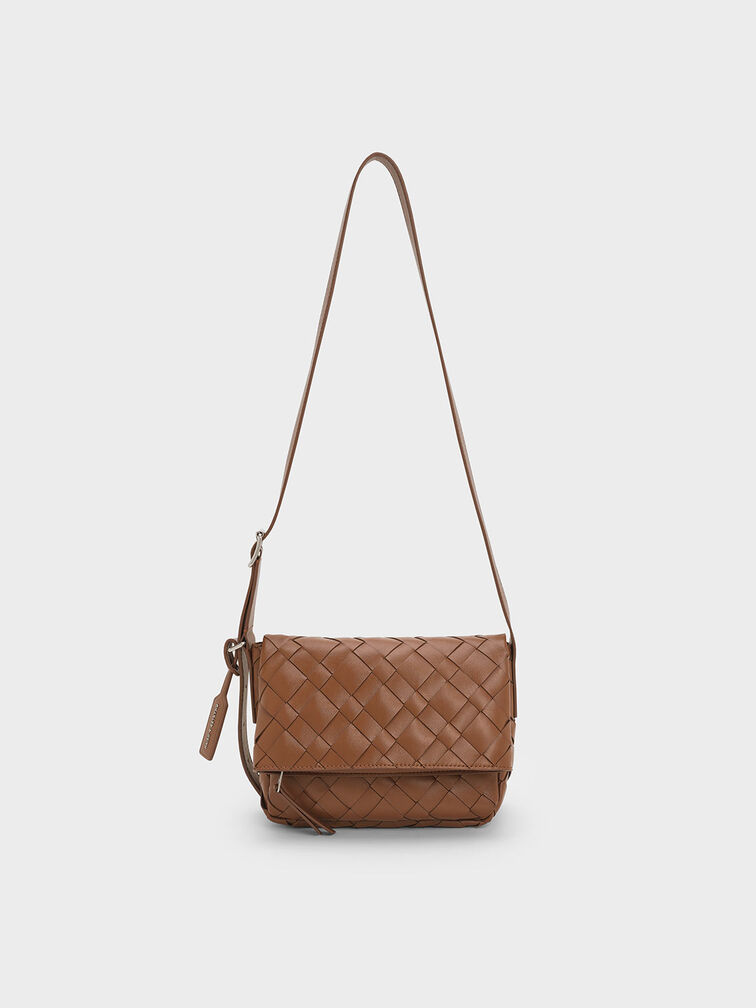 Ivette Woven Front Flap Crossbody Bag, Chocolate, hi-res